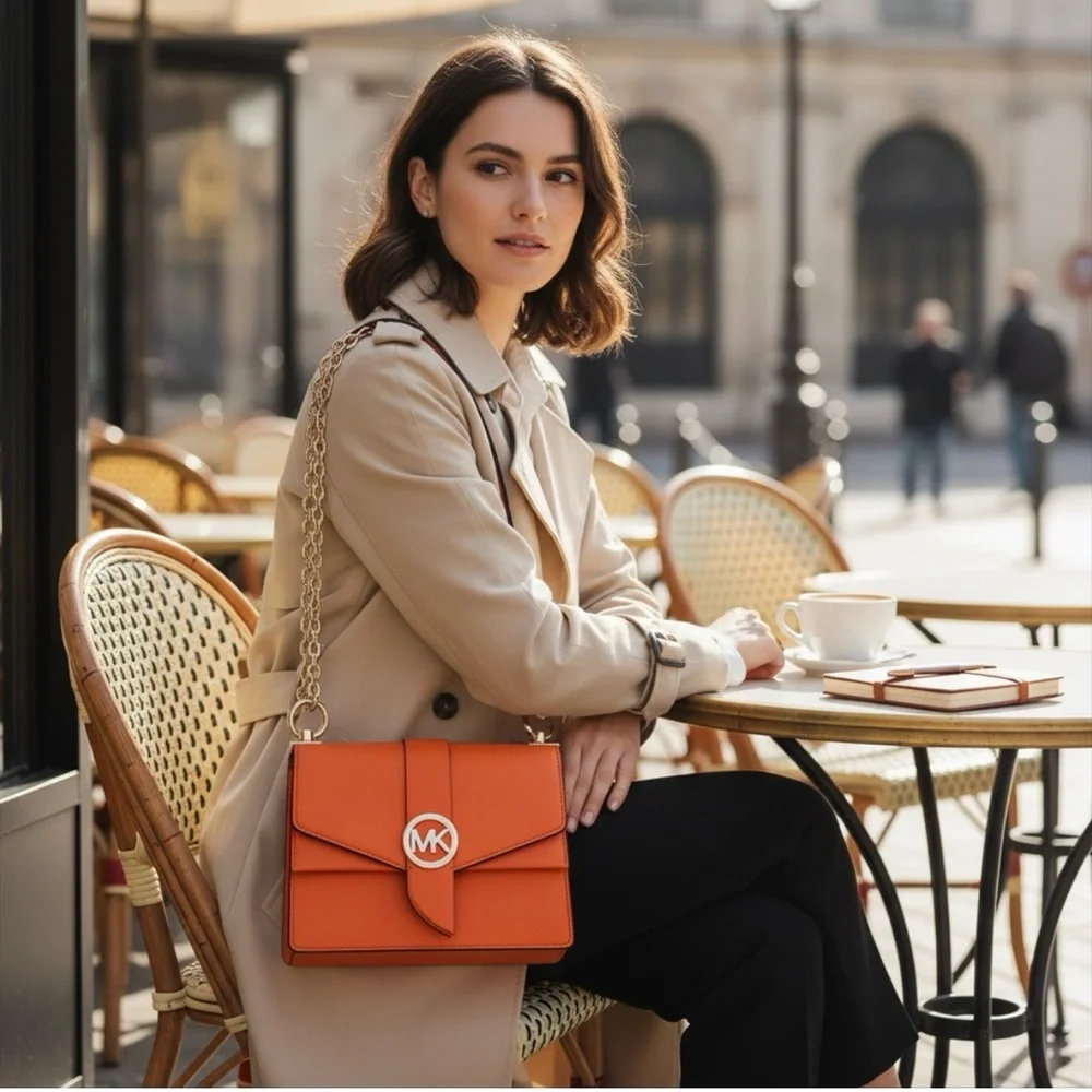 Michael Kors Greenwich Saffiano Leather Crossbody Purse Bag, Clementine Orange - Picture 3 of 13